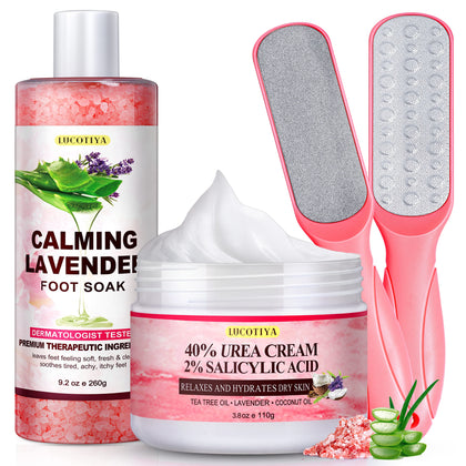 Foot Soak Set Pedicure Kit Foot Spa Callus Remover for Feet Cuticle Remover Foot File for Dead Skin Pink Salt Urea Cream for Feet Aloe Lavender Pedicure Supplies Dry Cracked Feet for Women Men