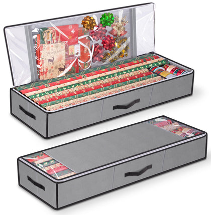 KIMBORA Christmas Wrapping Paper Storage Containers Organizer with Flexible Partition Pocket, Gift Wrap Organizer Fits 24 Rolls Up to 42 Xmas Storage Box holder for Ribbons, Holiday Accessories, Grey