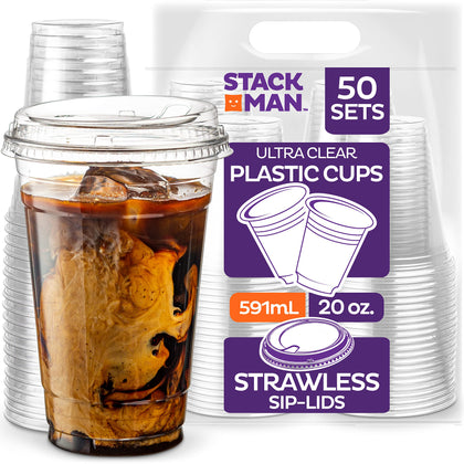 20 oz Clear Plastic Cups with Strawless Sip-Lids [50 Sets] PET Crystal Clear Disposable 16oz Plastic Cups with Lids - Crystal Clear, Durable Cup - BPA Free + Crack Resistant, for Coffee, Juice, Shakes