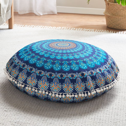 Codi Meditation Floor Pillow, Round Large Pillows Seating for Adults, Bohemian Mandala Circle Cushion for Outdoor Fireplace Yoga Living Room, 32 Inch, Memory Foam Added, Navy