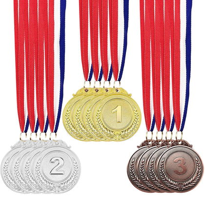 12 Pieces Metal Winner Gold Silver Bronze Award Medals With Neck Ribbon, Olympic Style, 2 Inches