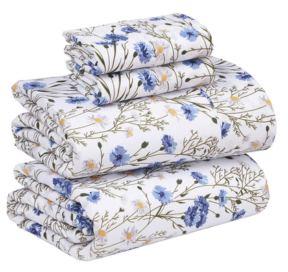 RUVANTI 100% Cotton Percale Sheets for Queen Size Bed - 16 Inches Deep Pocket Perfect Fitting - Crisp & Cool - Smooth & Comfortable - Blue Floral (1 Flat, 1 Fitted & 2 Pillowcases)