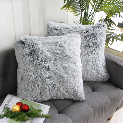 Uhomy 2 Packs Home Decorative Luxury Series Super Soft Faux Fur Throw Pillow Cover Cushion Case for Sofa or Bed Gray Ombre Fluffy Double Side, 18x18 Inch 45x45 Cm