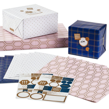 Hallmark Flat Wrapping Paper Sheets with Cutlines on Reverse (12 Folded Sheets with Sticker Seals) Gold Dots, Pink Geometric, Navy Blue Plaid for Weddings, Bridal Showers, Graduations